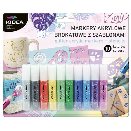 Kidea Markery Akrylowe Brokat / Metalic 10 Kolorów + Szablony